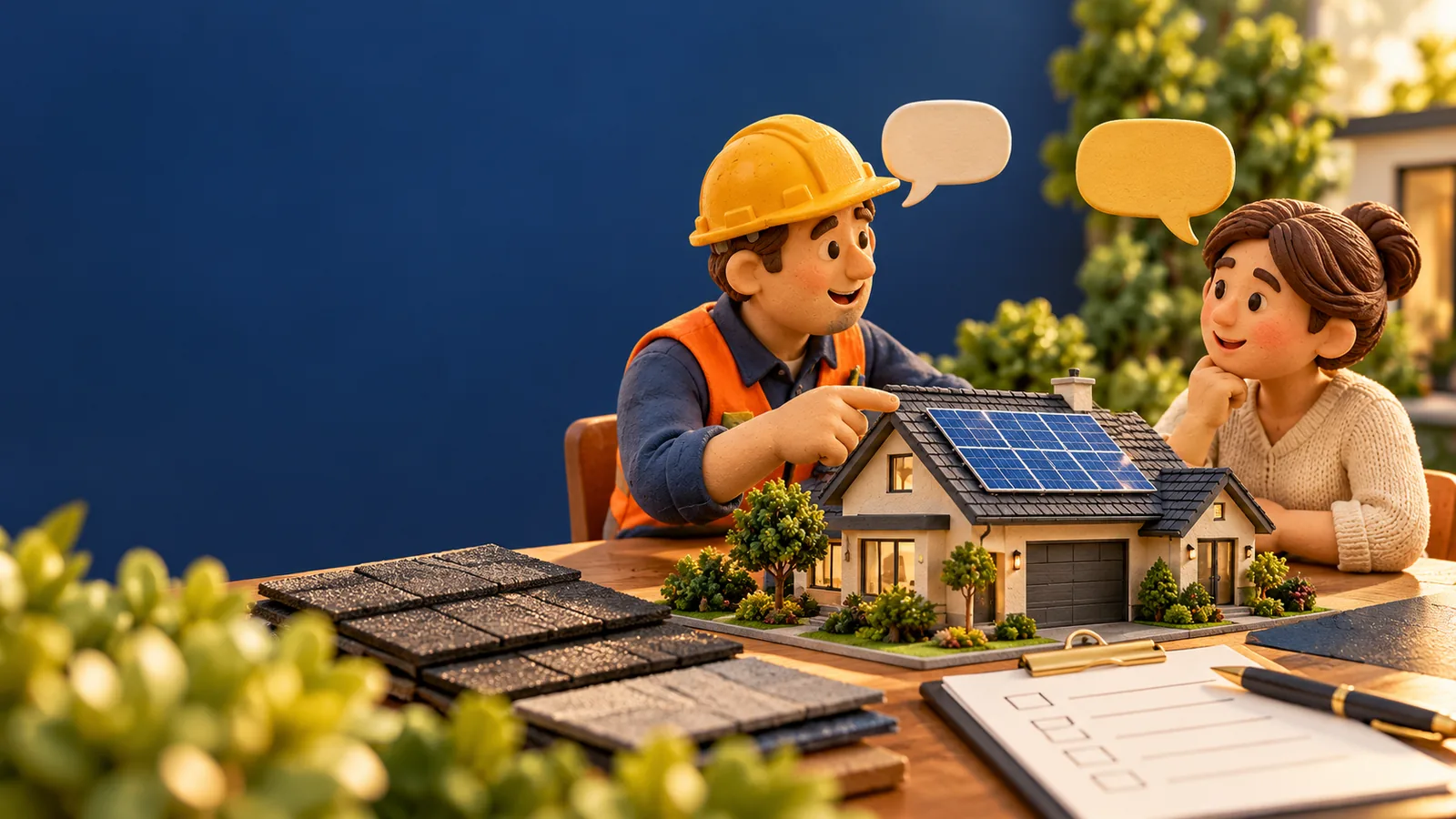 Claymation-style homeowner discussing a roof and solar project with a project advisor