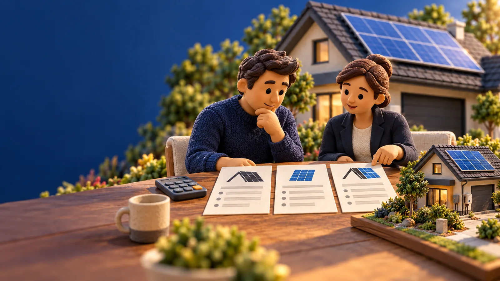 Claymation-style homeowner comparing roofing and solar project documents with an advisor