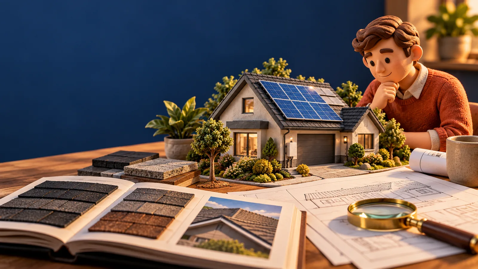 Claymation-style homeowner reviewing roofing and solar planning materials beside a model home