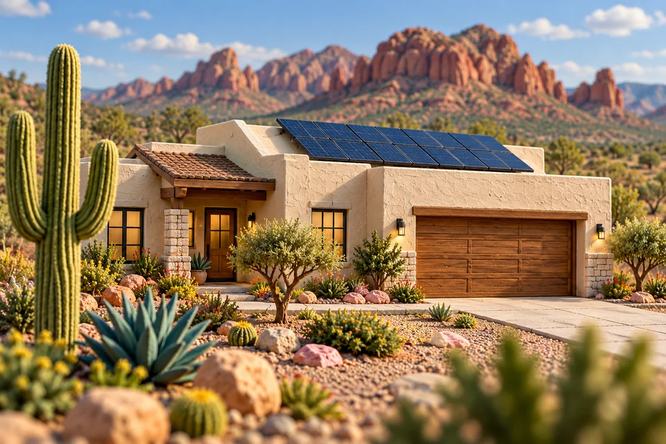 Claymation-style Arizona stucco home with rooftop solar panels and desert landscaping