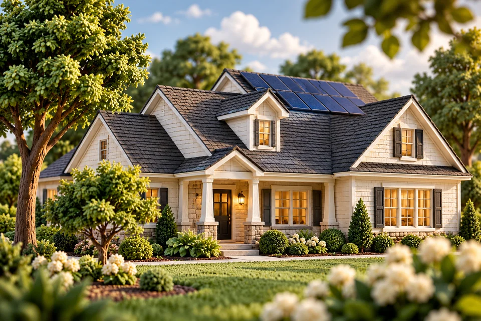 Claymation-style Indiana home with a dark shingle roof and rooftop solar panels