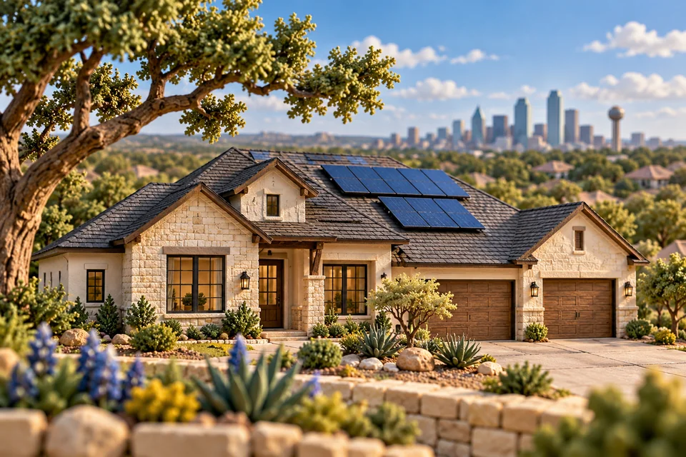 Claymation-style Texas home with a dark shingle roof and rooftop solar panels