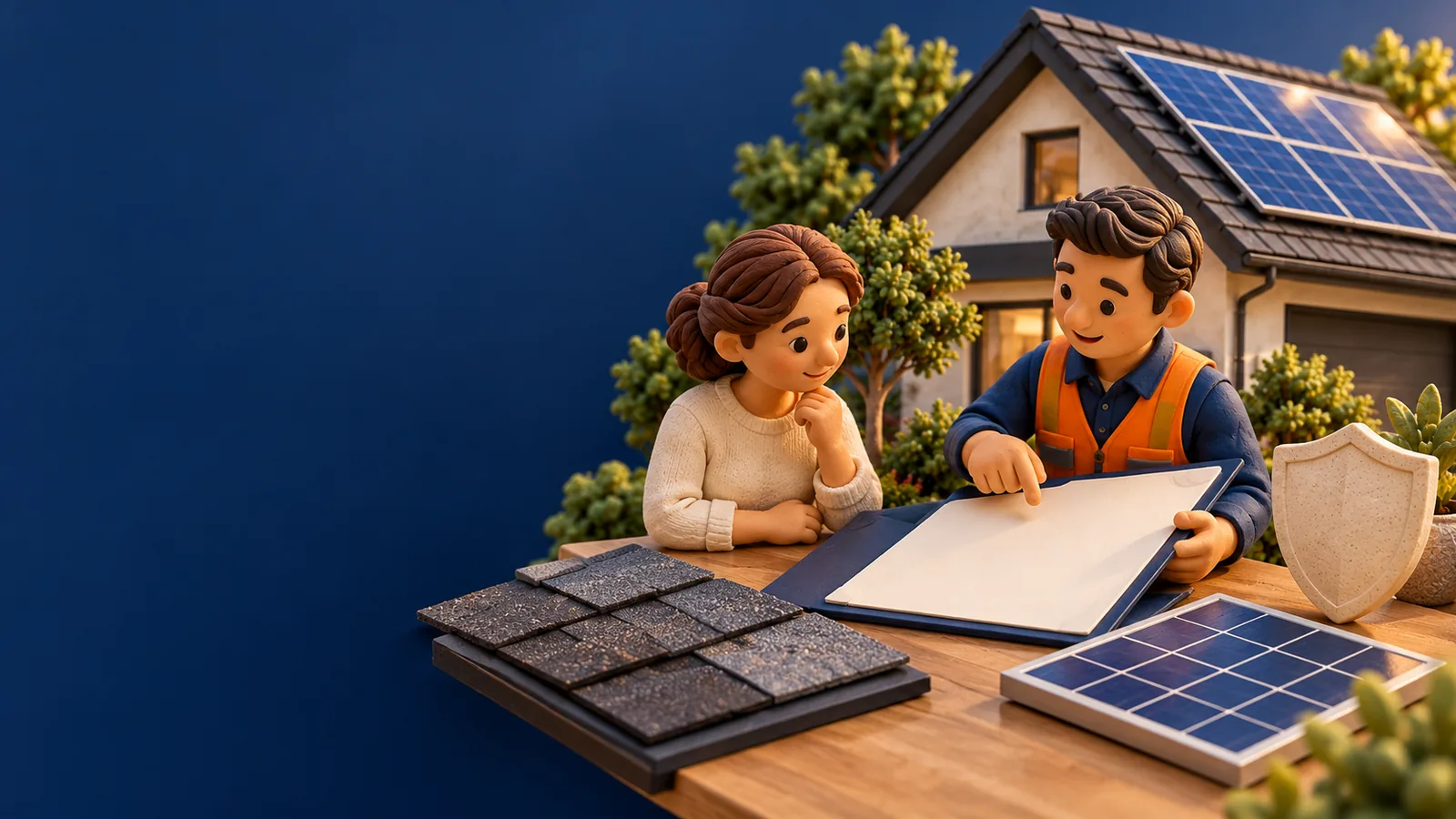 Claymation-style homeowner reviewing roofing and solar warranty documents with a project advisor