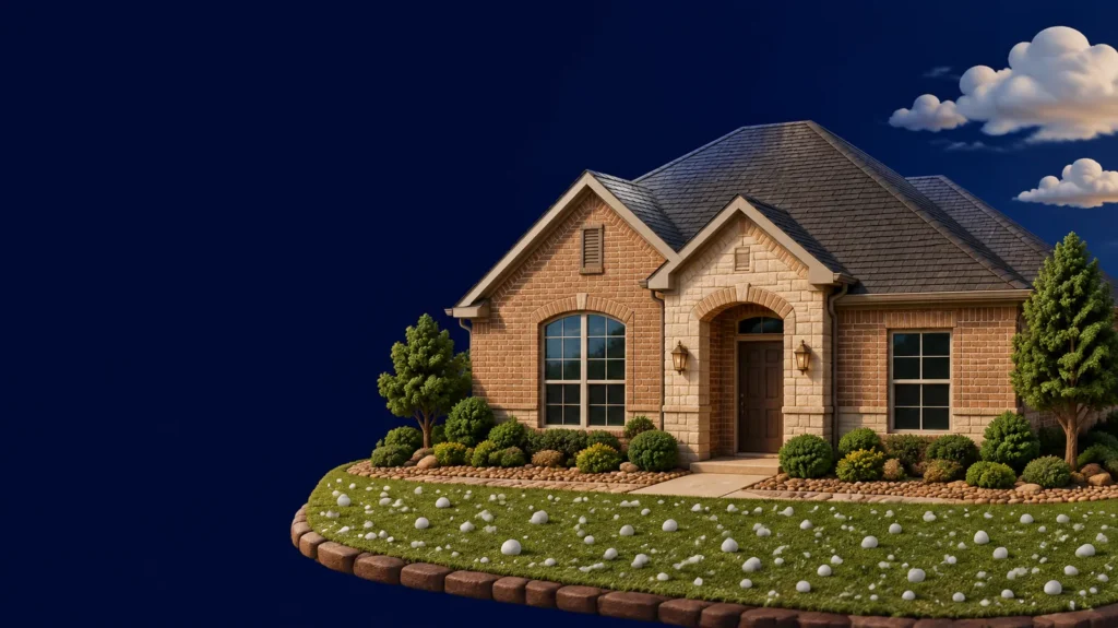 Illustration of an intact brick home with hailstones in the yard after a storm