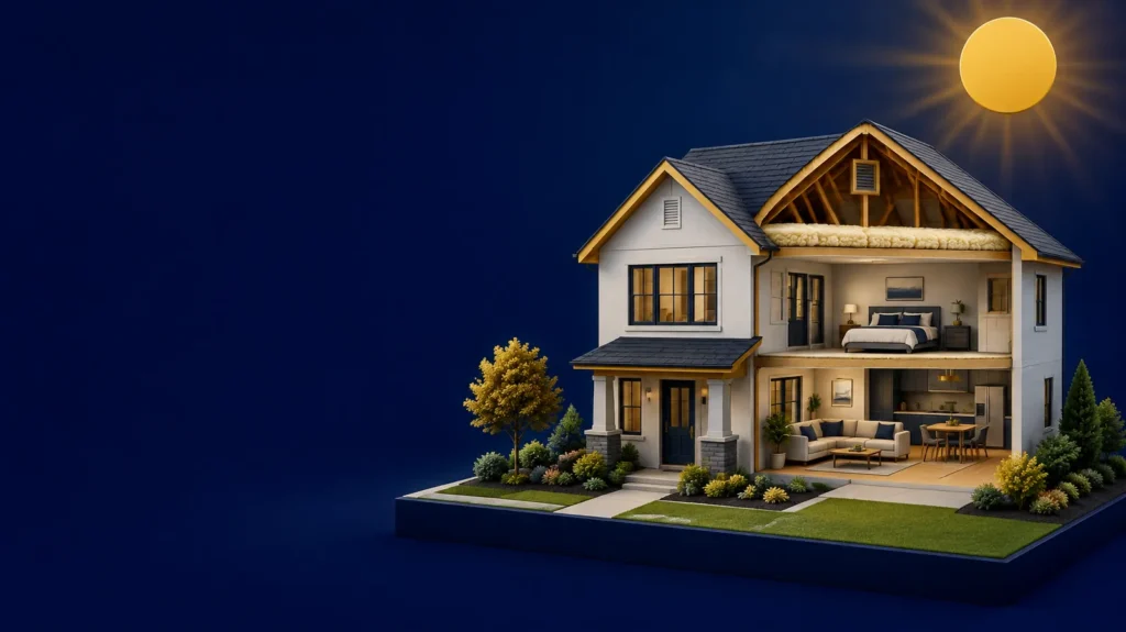 Illustration of a house and roof-to-room heat context under summer sun