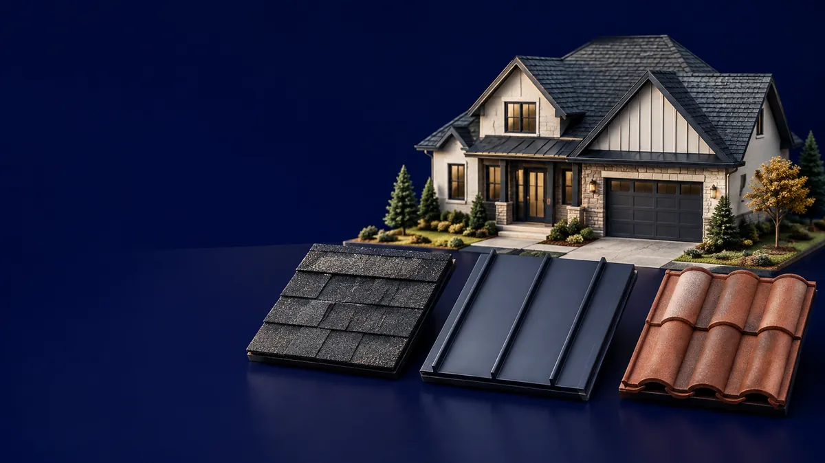 Illustration of asphalt shingles, standing seam metal and tile samples