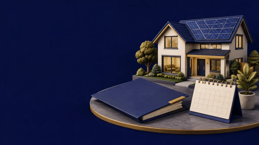 Illustration of solar project records and a house with rooftop panels