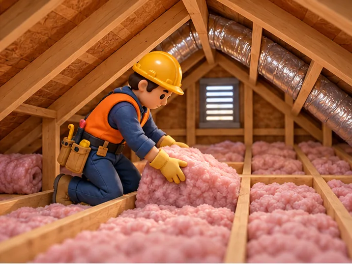 Claymation-style insulation technician working in a residential attic
