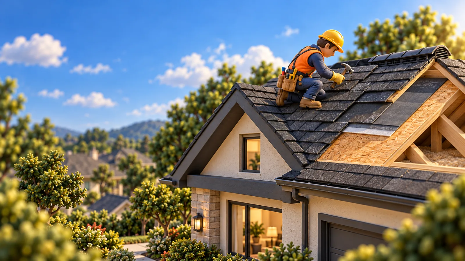 Clay-crafted roofing professional installing shingles