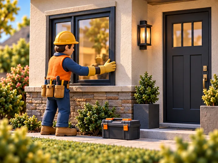 Claymation-style installer fitting an energy-efficient window and exterior door