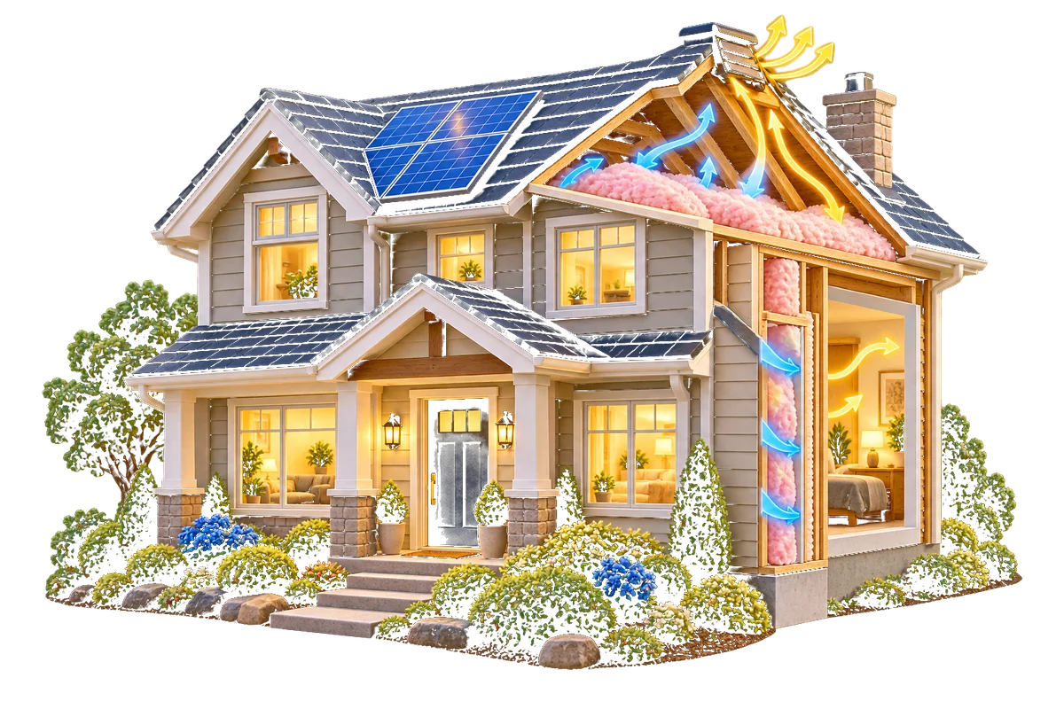 Clay-crafted cutaway home showing efficient windows, doors, and insulation