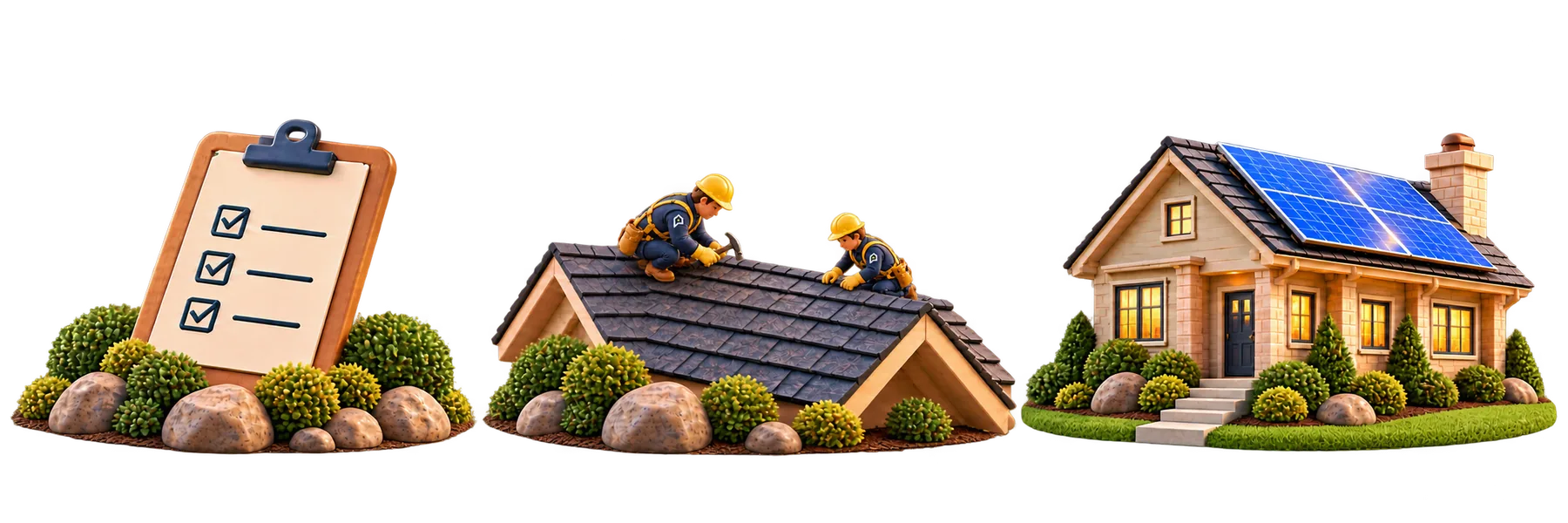 Checklist, properly scaled Pinnacle-uniformed roofing crew on clean shingles, and completed solar home illustrating the three-step process