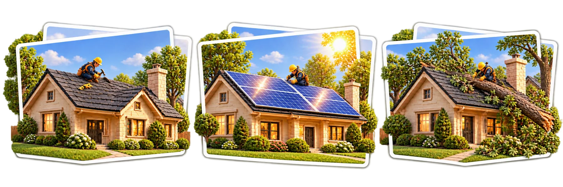 Properly scaled clay-crafted roofer replacing shingles on a landscaped home, shown as an illustration