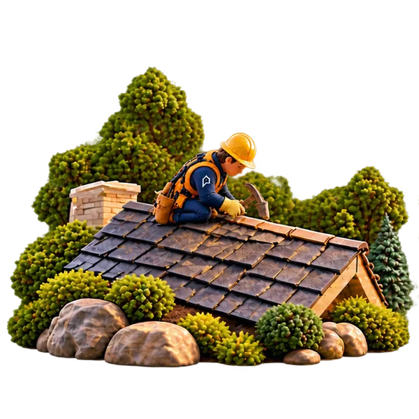 Pinnacle-uniformed clay-crafted roofer installing asphalt shingles at believable human scale