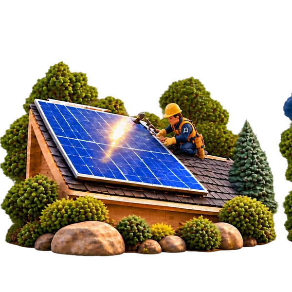 Pinnacle-uniformed clay-crafted solar installer working beside rooftop panels at believable human scale