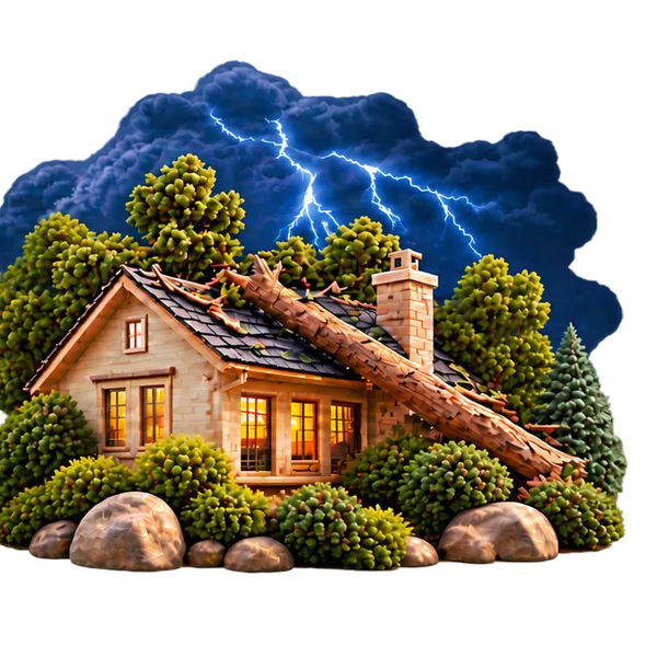 Clay-crafted home with roof damage from a fallen tree limb after a storm
